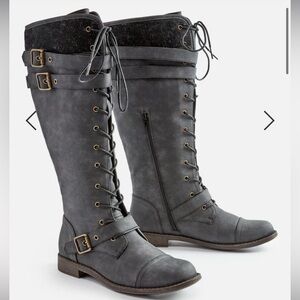 Just Fab Delphina Dark Grey Black Zip Up Round Toe Buckle Boots Size 9